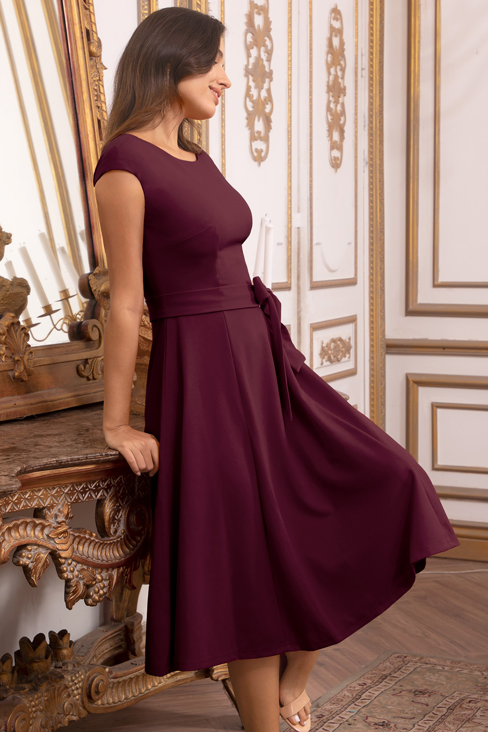 A-Line Knee-Length Burgundy Cocktail Dress with Cap Sleeves, Vintage Style, Unique and Elegant