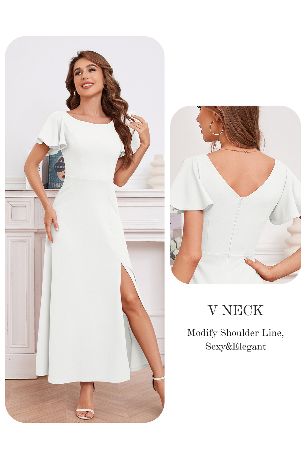Elegant Ruffle Sleeve Side-Split Long Formal Dress