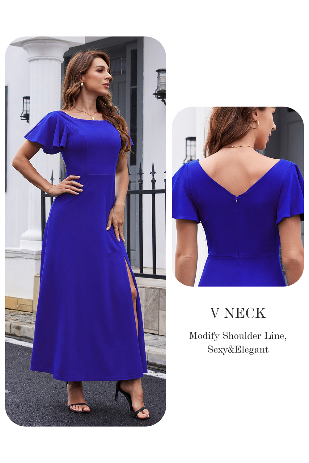 Elegant Ruffle Sleeve Side-Split Long Formal Dress