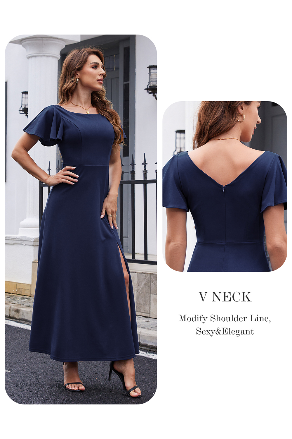 Elegant Ruffle Sleeve Side-Split Long Formal Dress