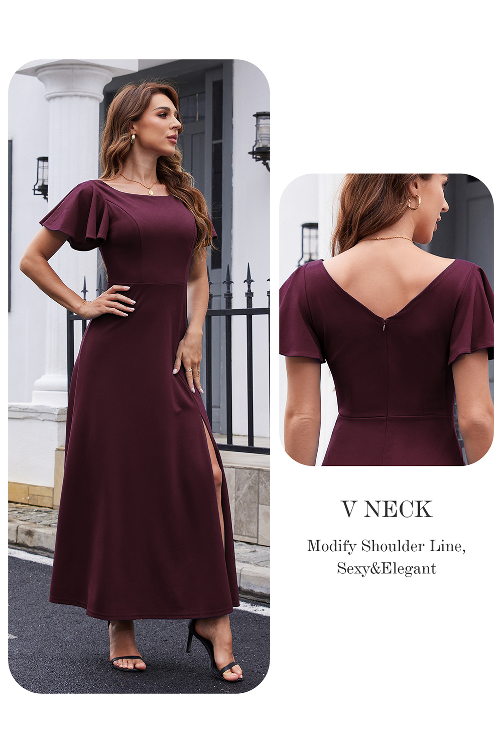 Elegant Ruffle Sleeve Side-Split Long Formal Dress