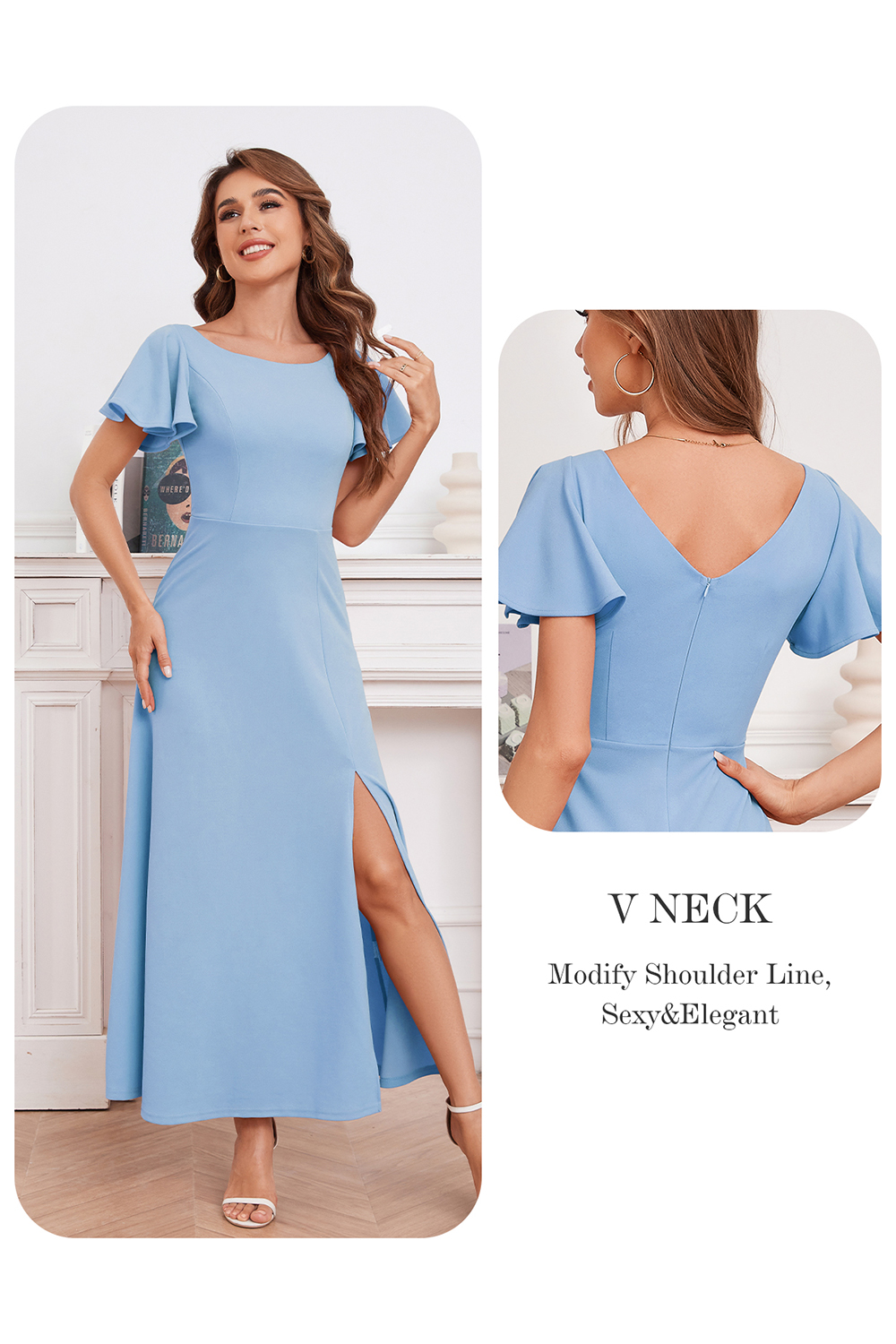 Elegant Ruffle Sleeve Side-Split Long Formal Dress