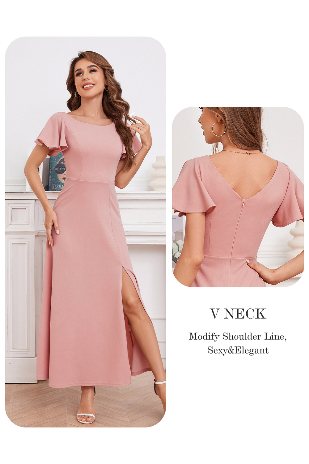Elegant Ruffle Sleeve Side-Split Long Formal Dress