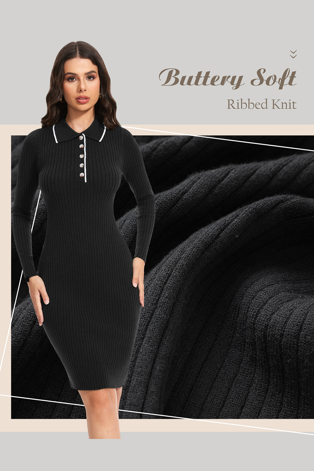 2024 Long Sleeve V Neck Button Fall Stretchy Ribbed Knit Pullover Sweater Dress