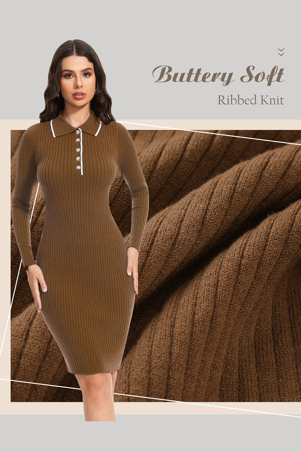 2024 Long Sleeve V Neck Button Fall Stretchy Ribbed Knit Pullover Sweater Dress