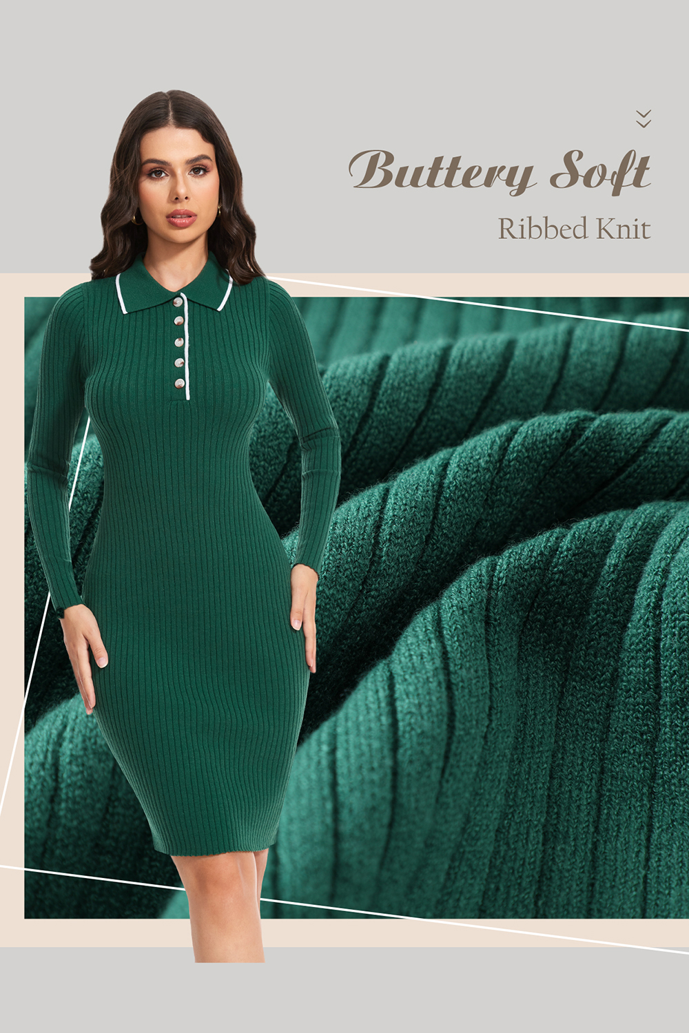 2024 Long Sleeve V Neck Button Fall Stretchy Ribbed Knit Pullover Sweater Dress