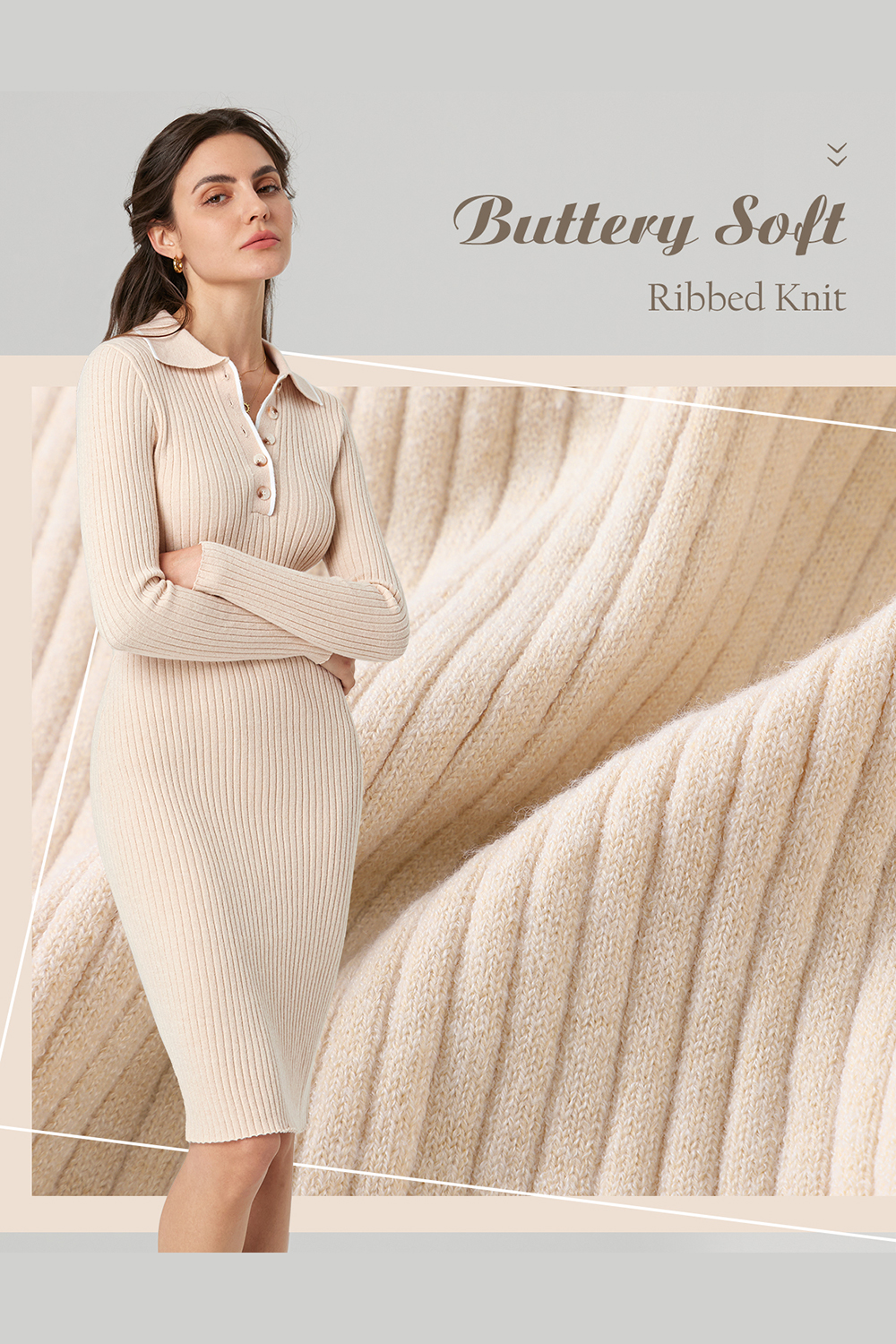 2024 Long Sleeve V Neck Button Fall Stretchy Ribbed Knit Pullover Sweater Dress