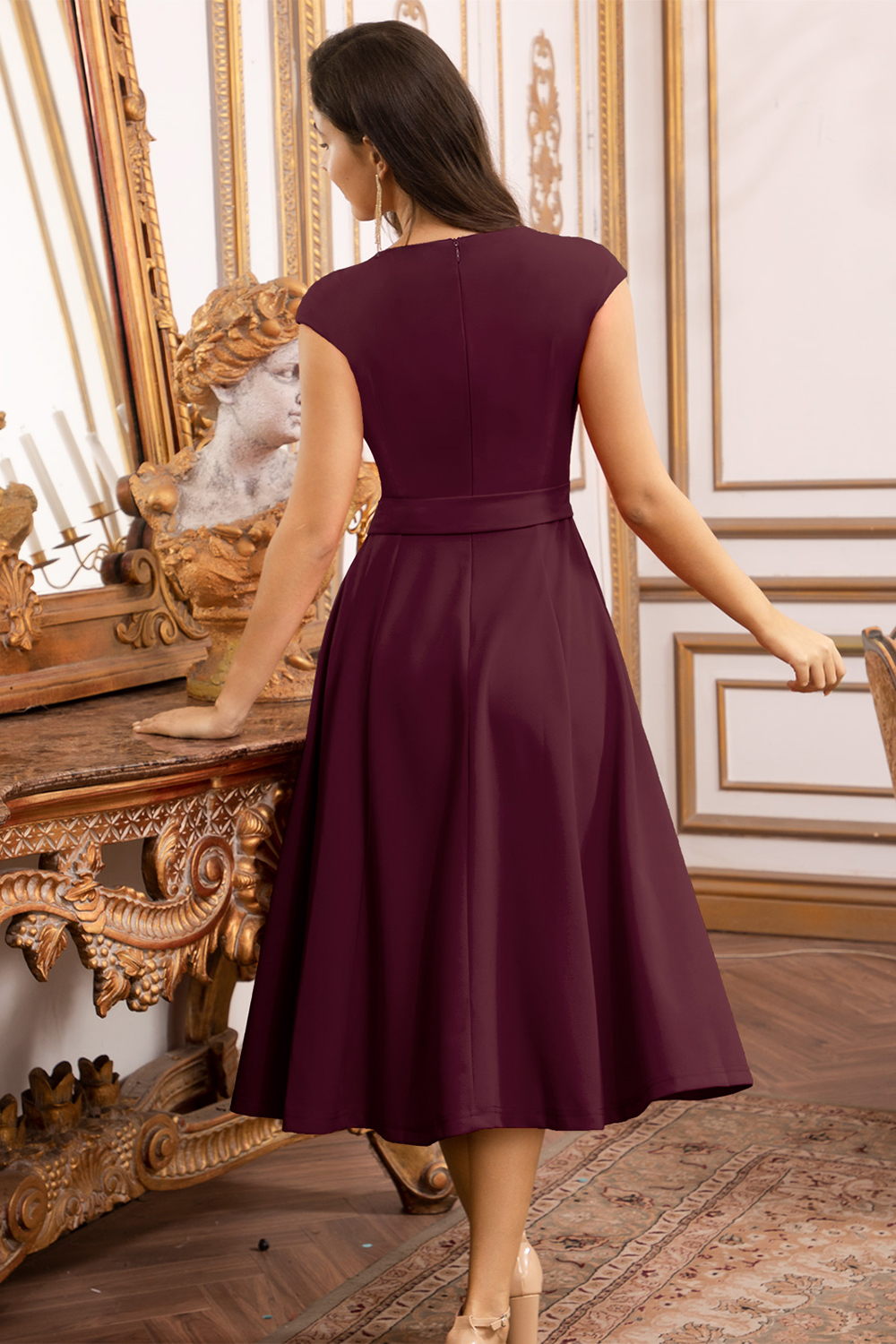 A-Line Knee-Length Burgundy Cocktail Dress with Cap Sleeves, Vintage Style, Unique and Elegant