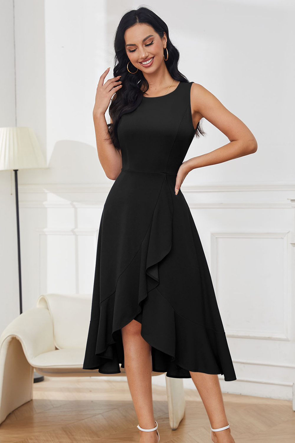 Black Cocktail Party Dress Formal Church Dress for Wedding Guest Fit Flare Modest Prom Midi Evening Dress