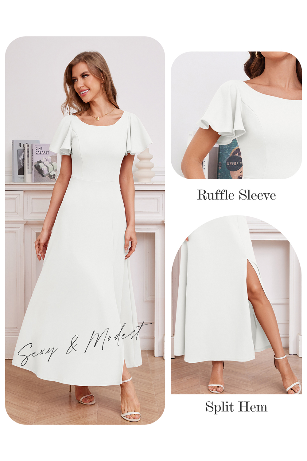 Elegant Ruffle Sleeve Side-Split Long Formal Dress