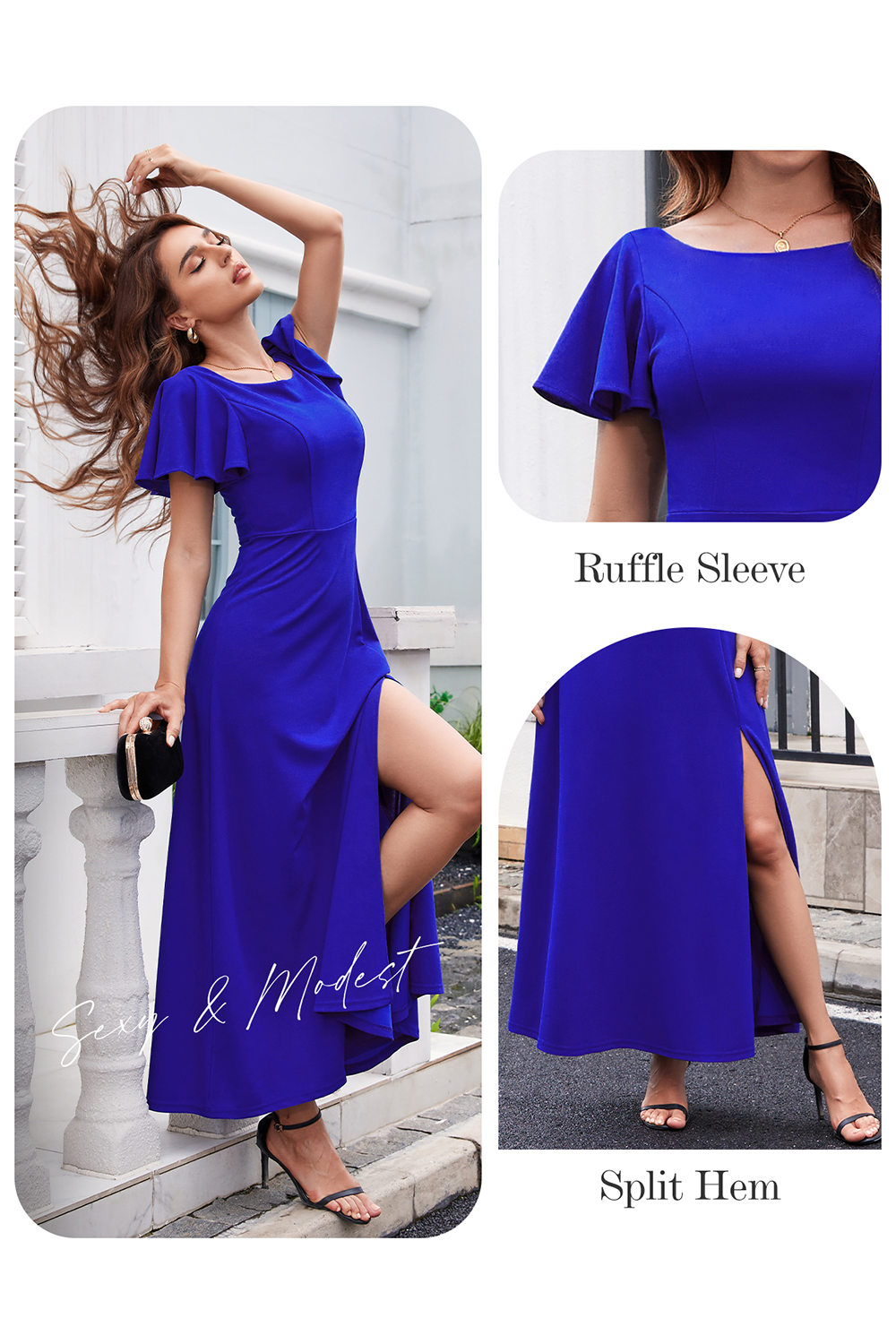 Elegant Ruffle Sleeve Side-Split Long Formal Dress