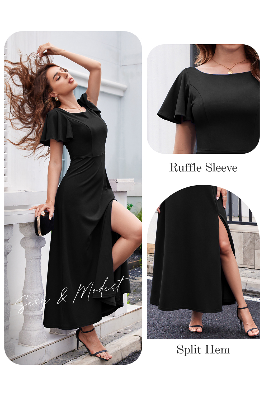 Elegant Ruffle Sleeve Side-Split Long Formal Dress