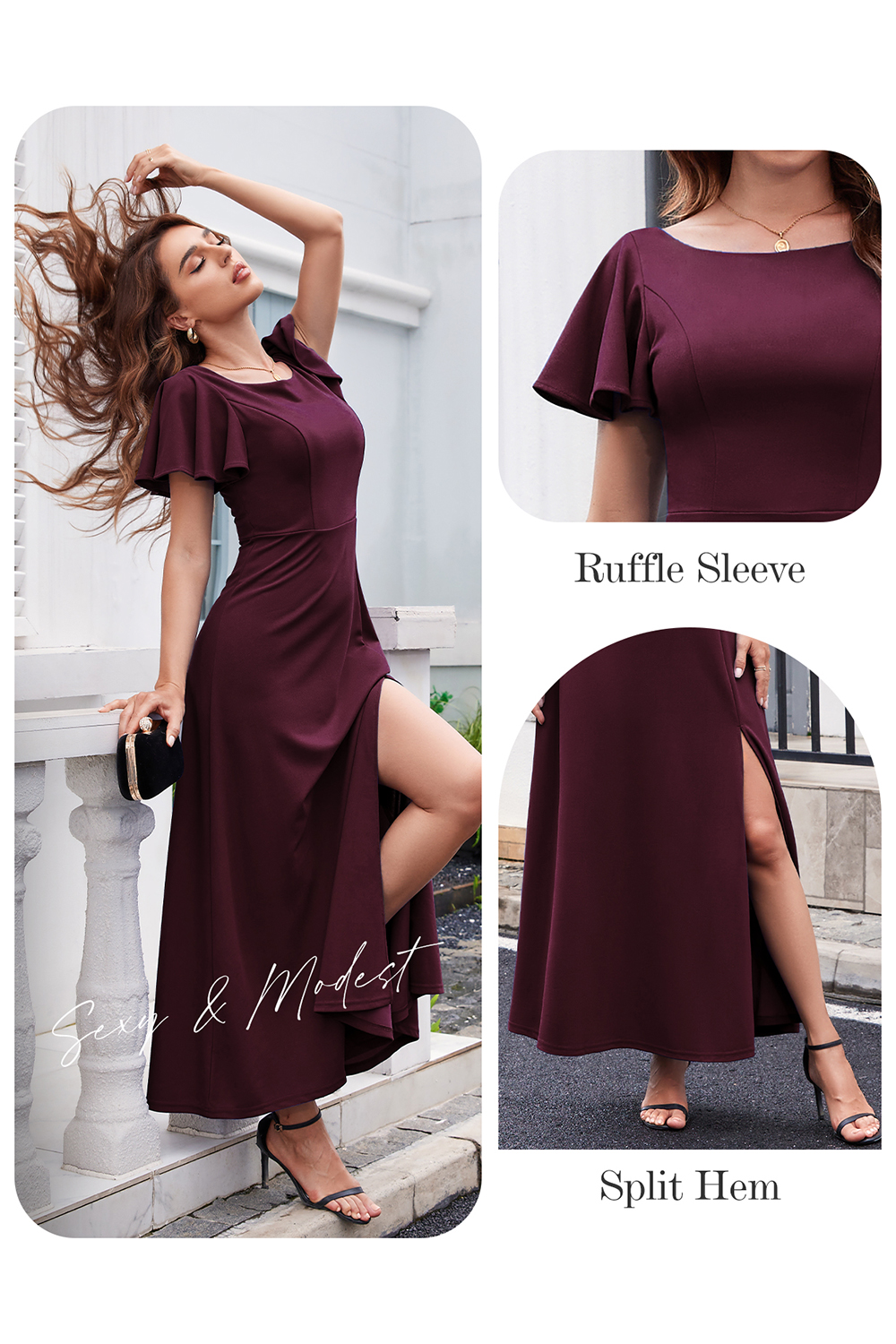 Elegant Ruffle Sleeve Side-Split Long Formal Dress