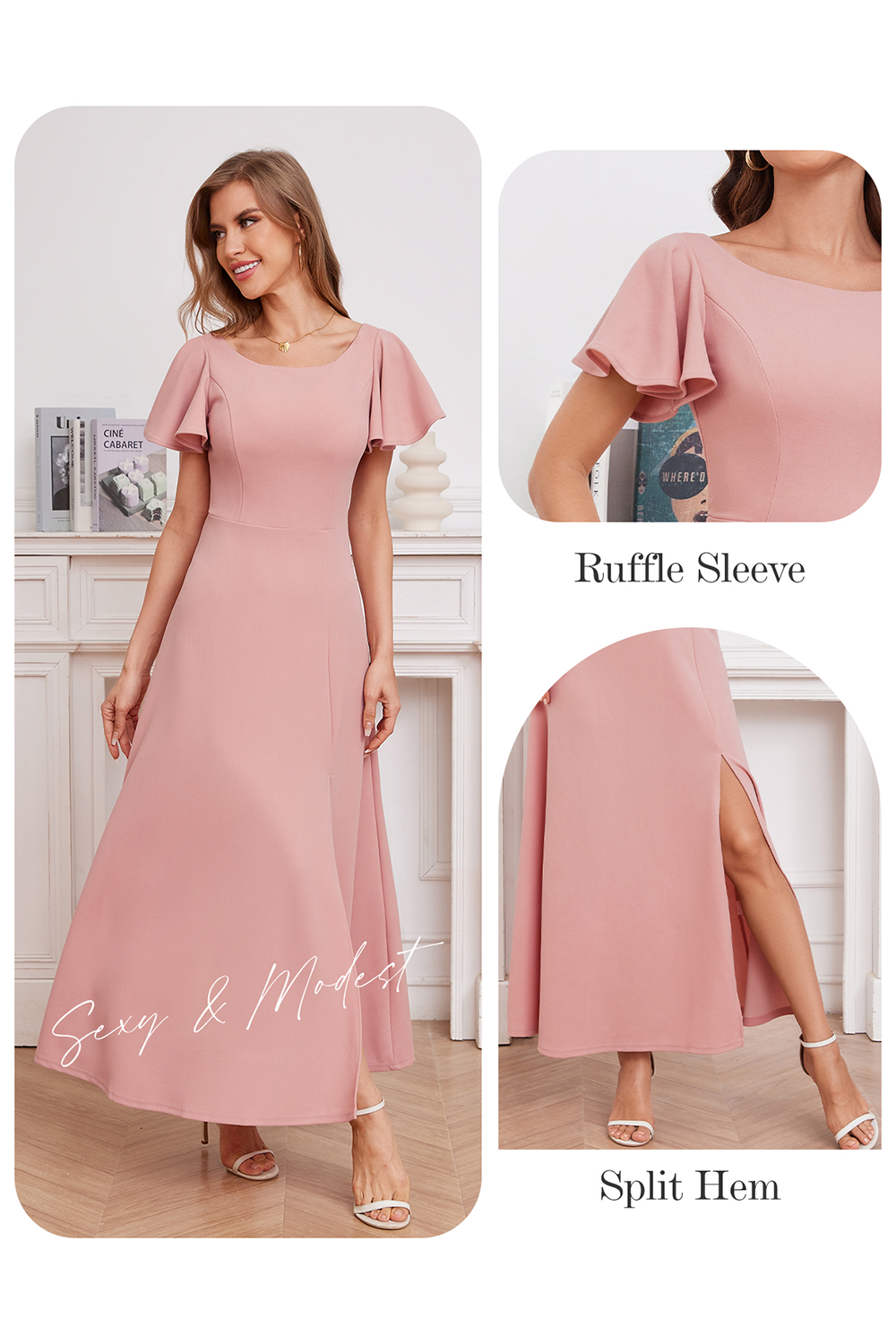 Elegant Ruffle Sleeve Side-Split Long Formal Dress
