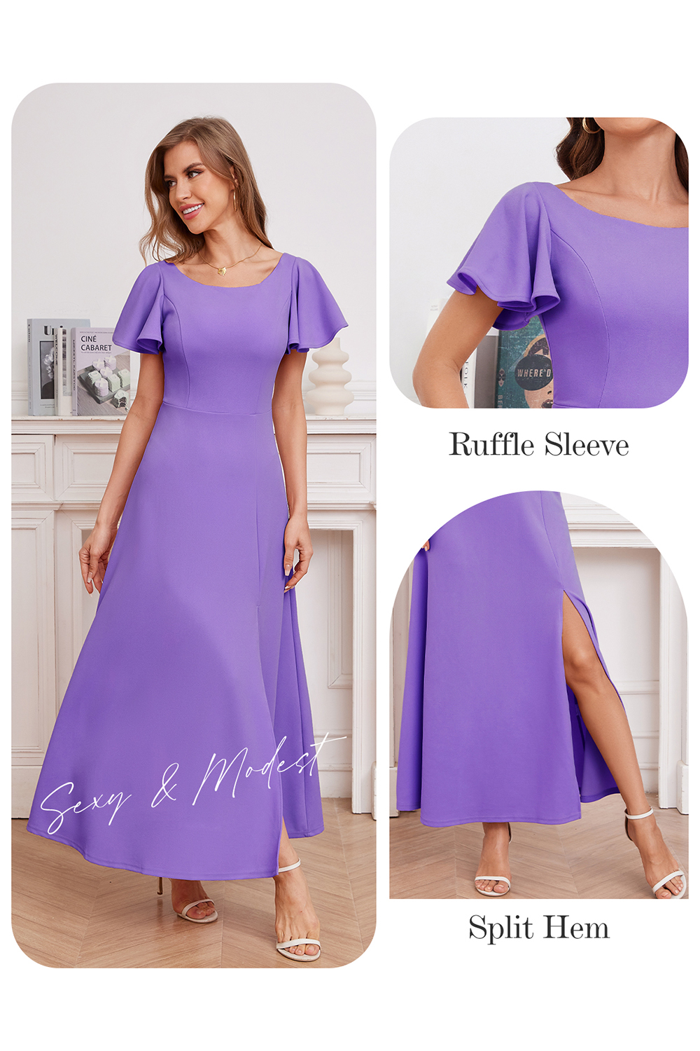 Elegant Ruffle Sleeve Side-Split Long Formal Dress
