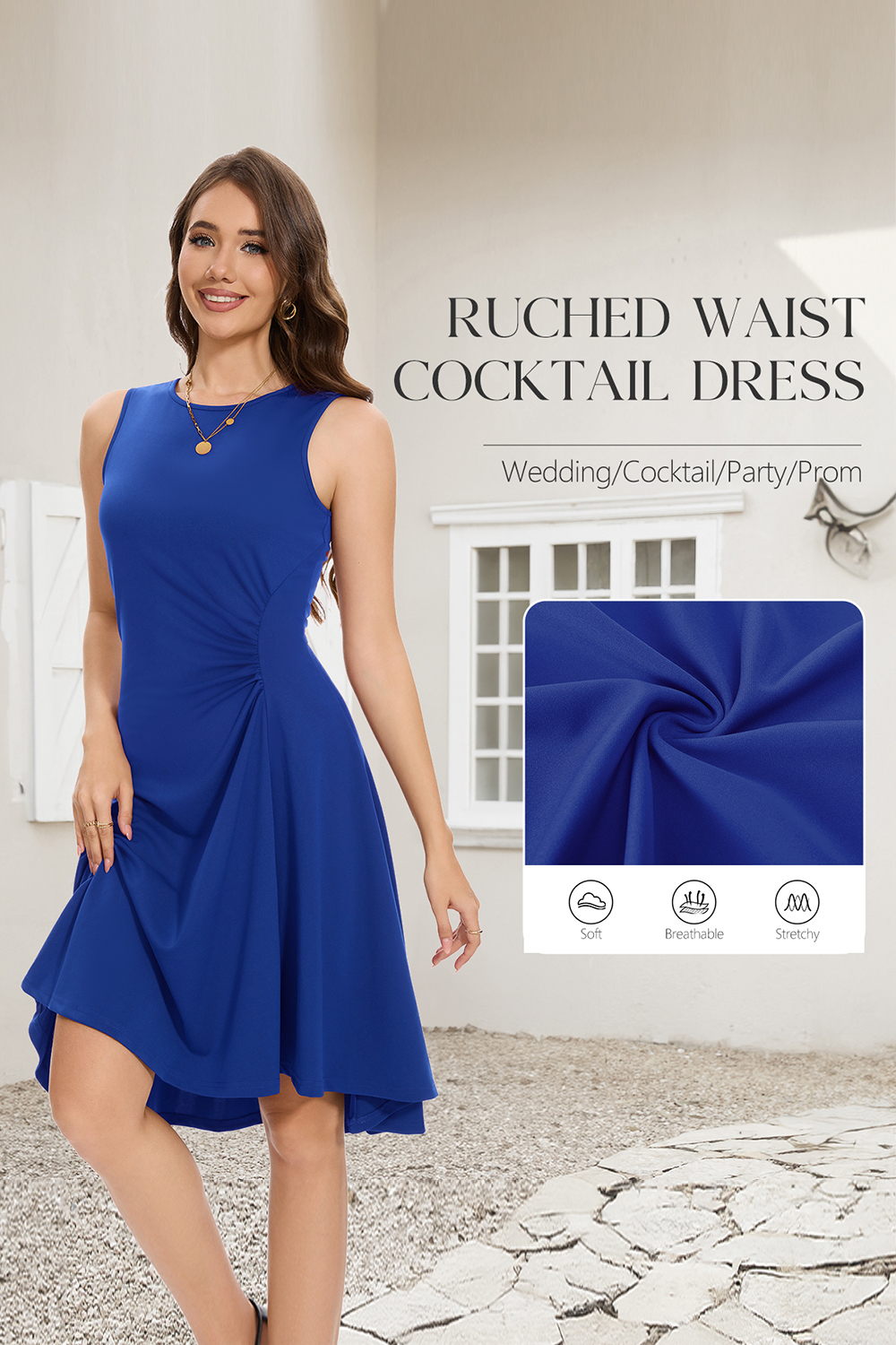 Elegant High Low Ruched Waist Fit and Flare Cocktail Party Dress