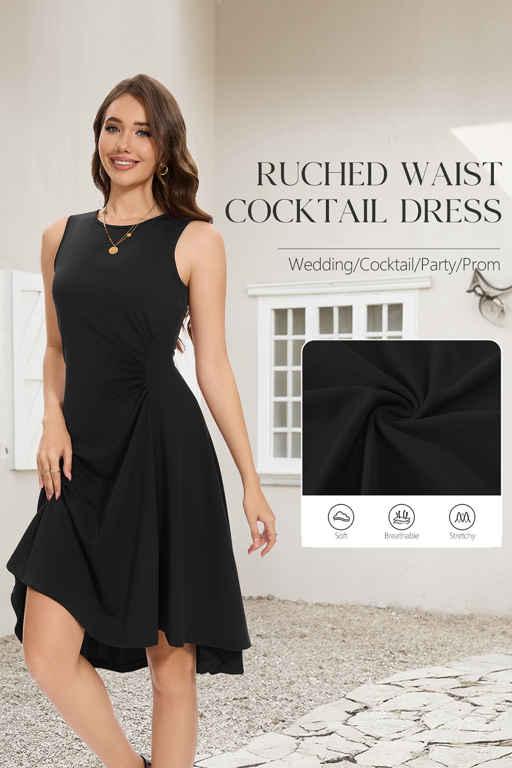 Elegant High Low Ruched Waist Fit and Flare Cocktail Party Dress