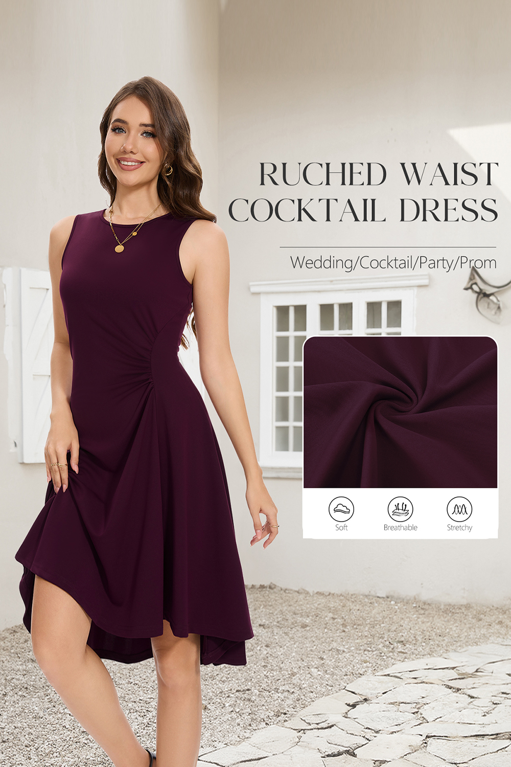 Elegant High Low Ruched Waist Fit and Flare Cocktail Party Dress