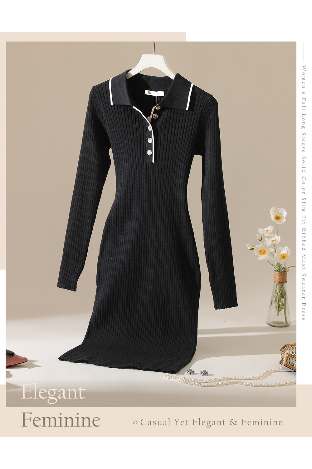 2024 Long Sleeve V Neck Button Fall Stretchy Ribbed Knit Pullover Sweater Dress