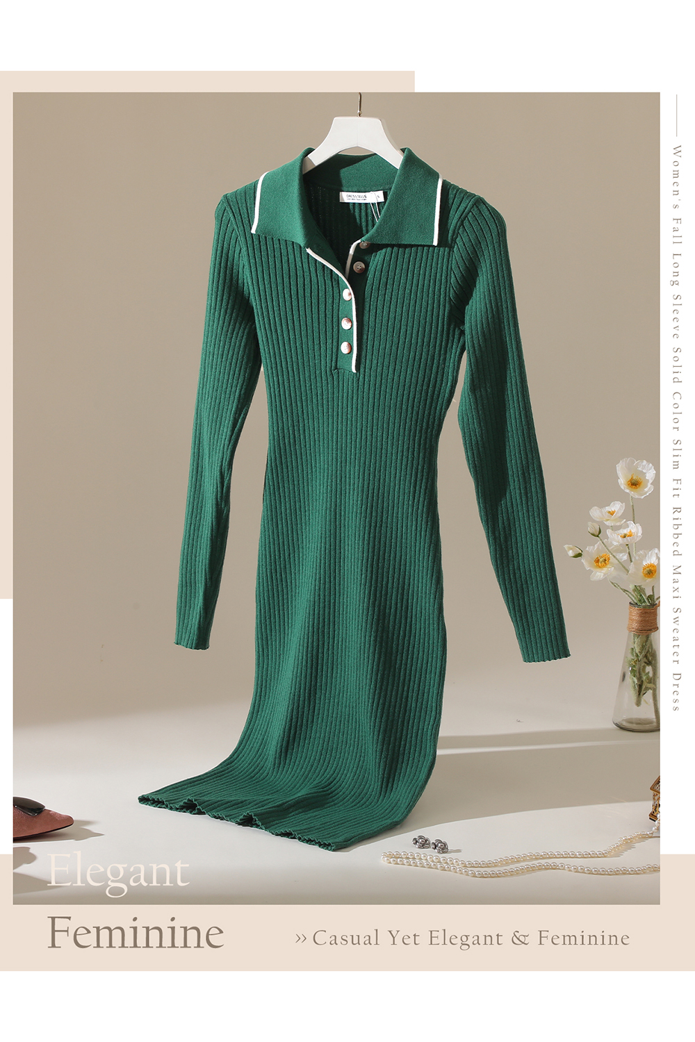 2024 Long Sleeve V Neck Button Fall Stretchy Ribbed Knit Pullover Sweater Dress