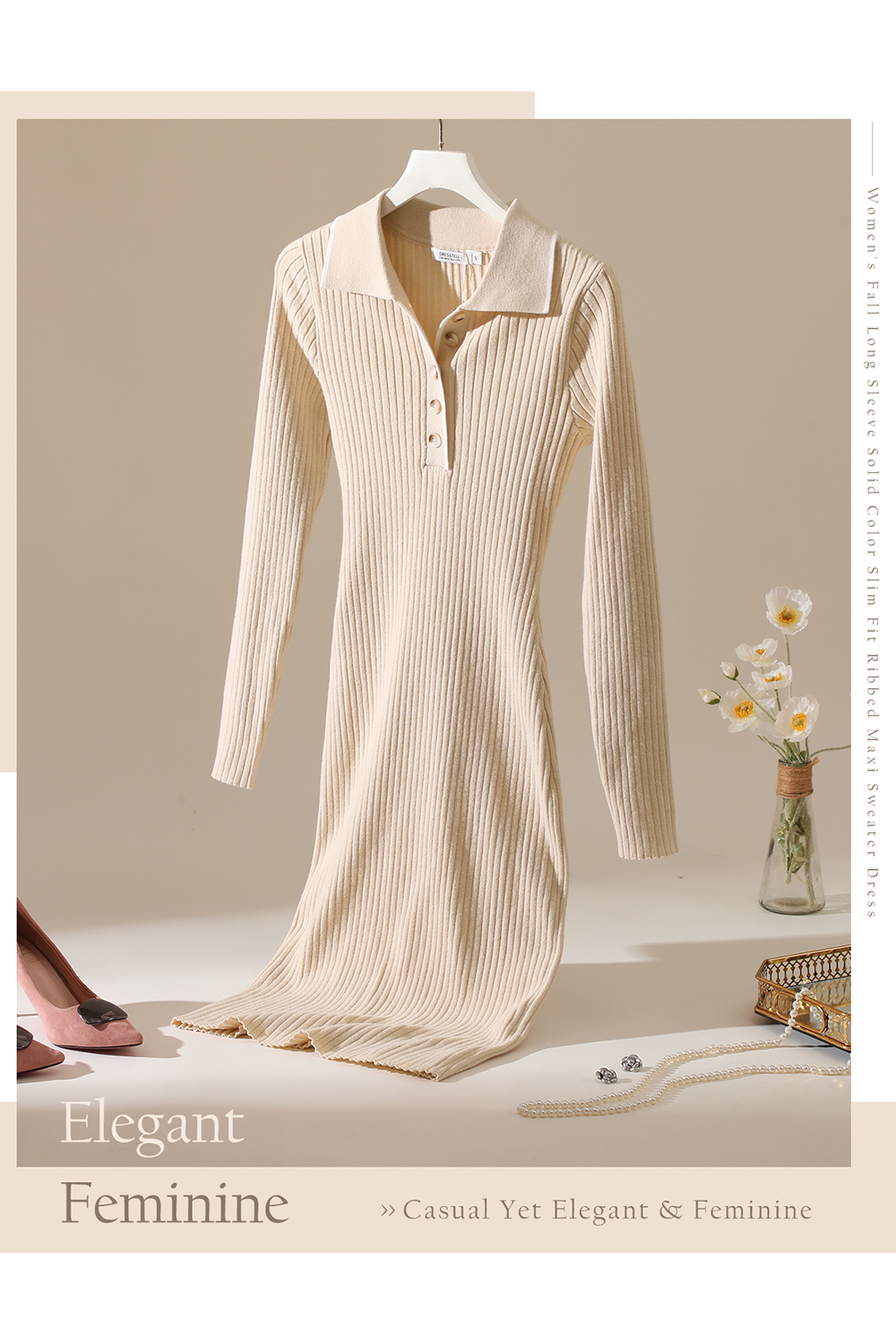 2024 Long Sleeve V Neck Button Fall Stretchy Ribbed Knit Pullover Sweater Dress