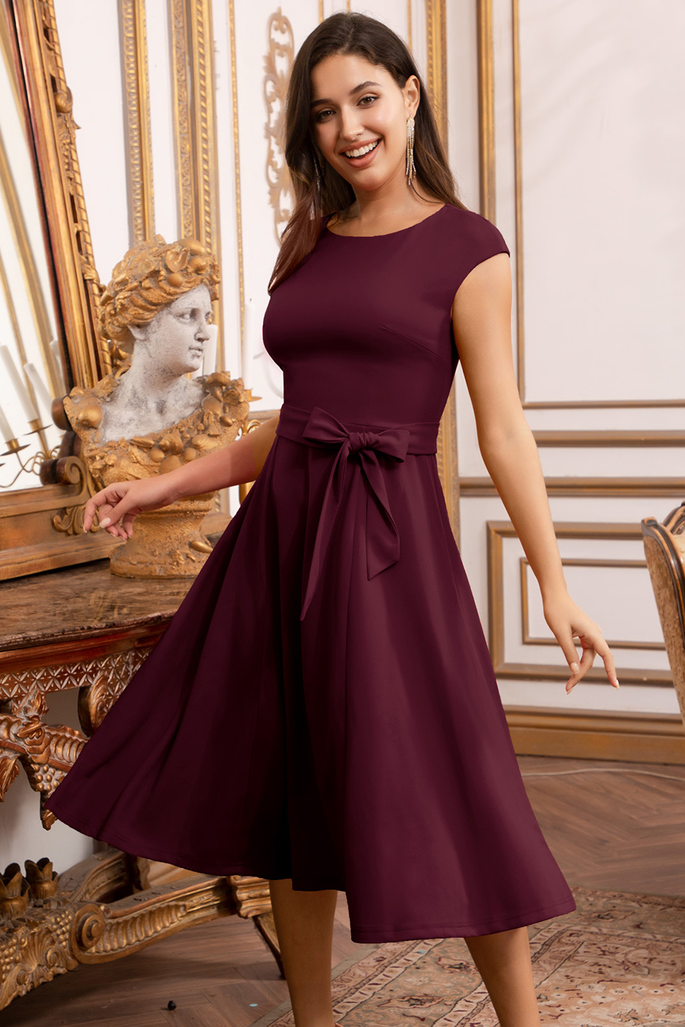 A-Line Knee-Length Burgundy Cocktail Dress with Cap Sleeves, Vintage Style, Unique and Elegant