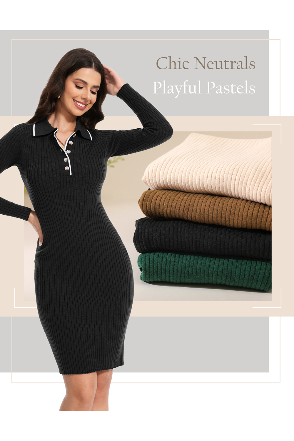 2024 Long Sleeve V Neck Button Fall Stretchy Ribbed Knit Pullover Sweater Dress