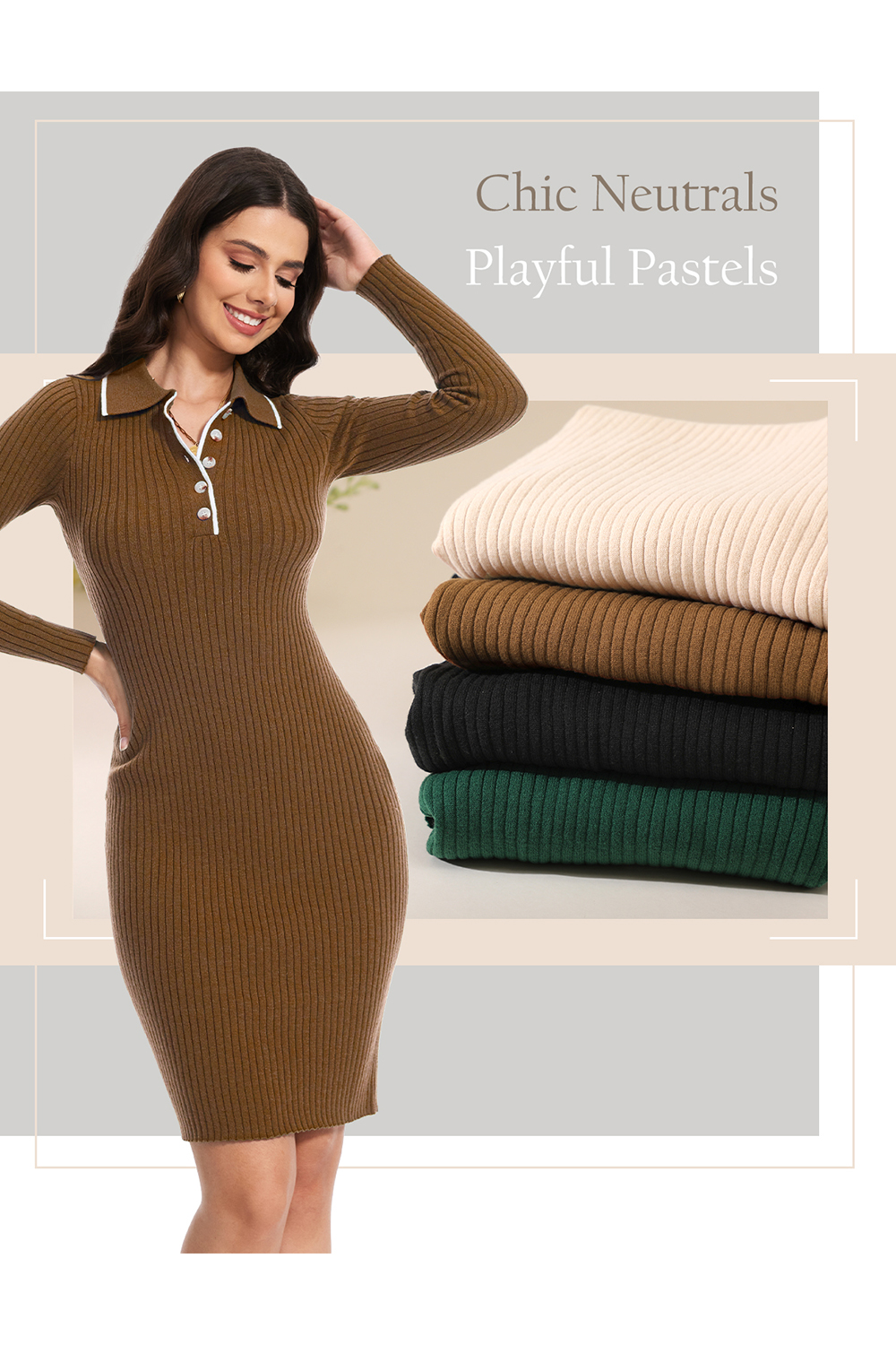 2024 Long Sleeve V Neck Button Fall Stretchy Ribbed Knit Pullover Sweater Dress