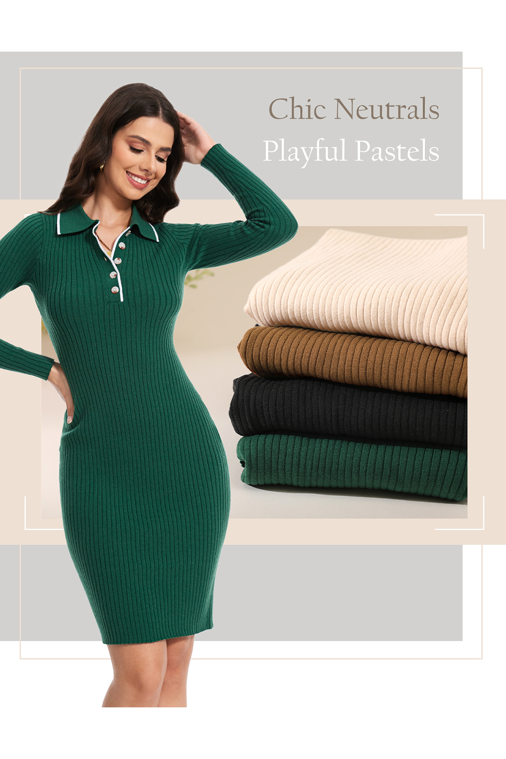 2024 Long Sleeve V Neck Button Fall Stretchy Ribbed Knit Pullover Sweater Dress