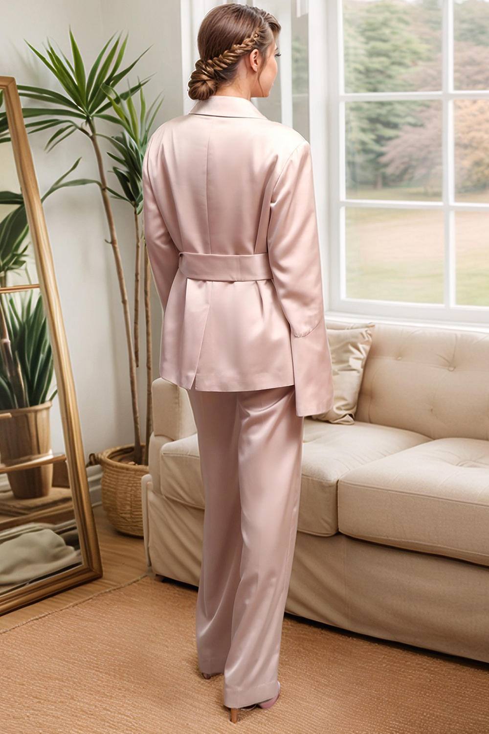 Champagne Double Breasted 2 Piece Women's Party Suits with Belt