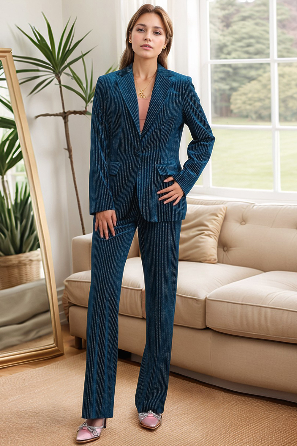 Ink Blue Striped Single Button 2 Piece Women's Prom Suits