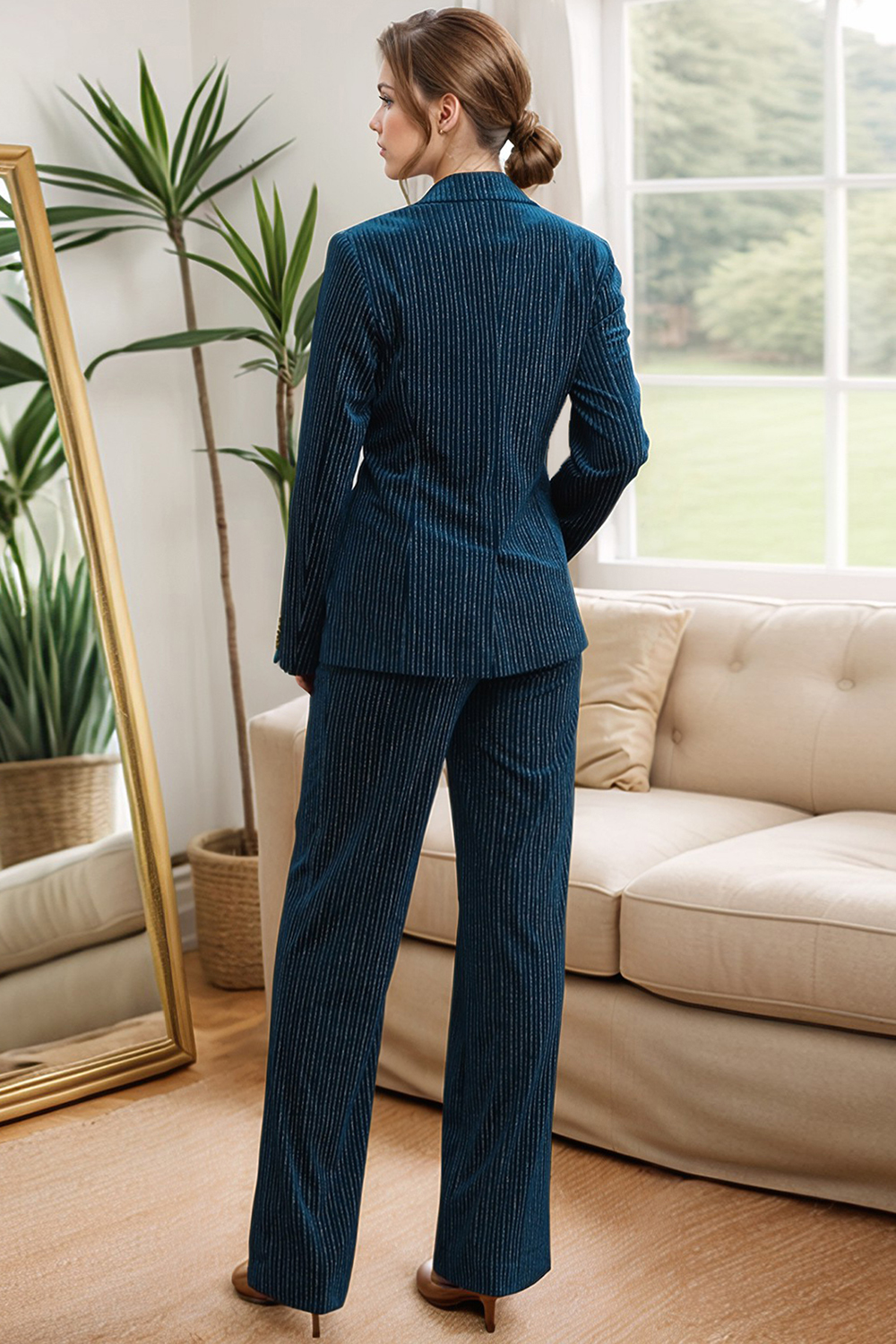 Ink Blue Striped Single Button 2 Piece Women's Prom Suits