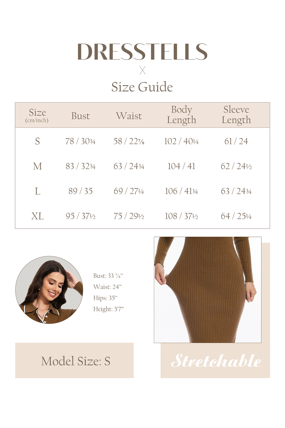 2024 Long Sleeve V Neck Button Fall Stretchy Ribbed Knit Pullover Sweater Dress