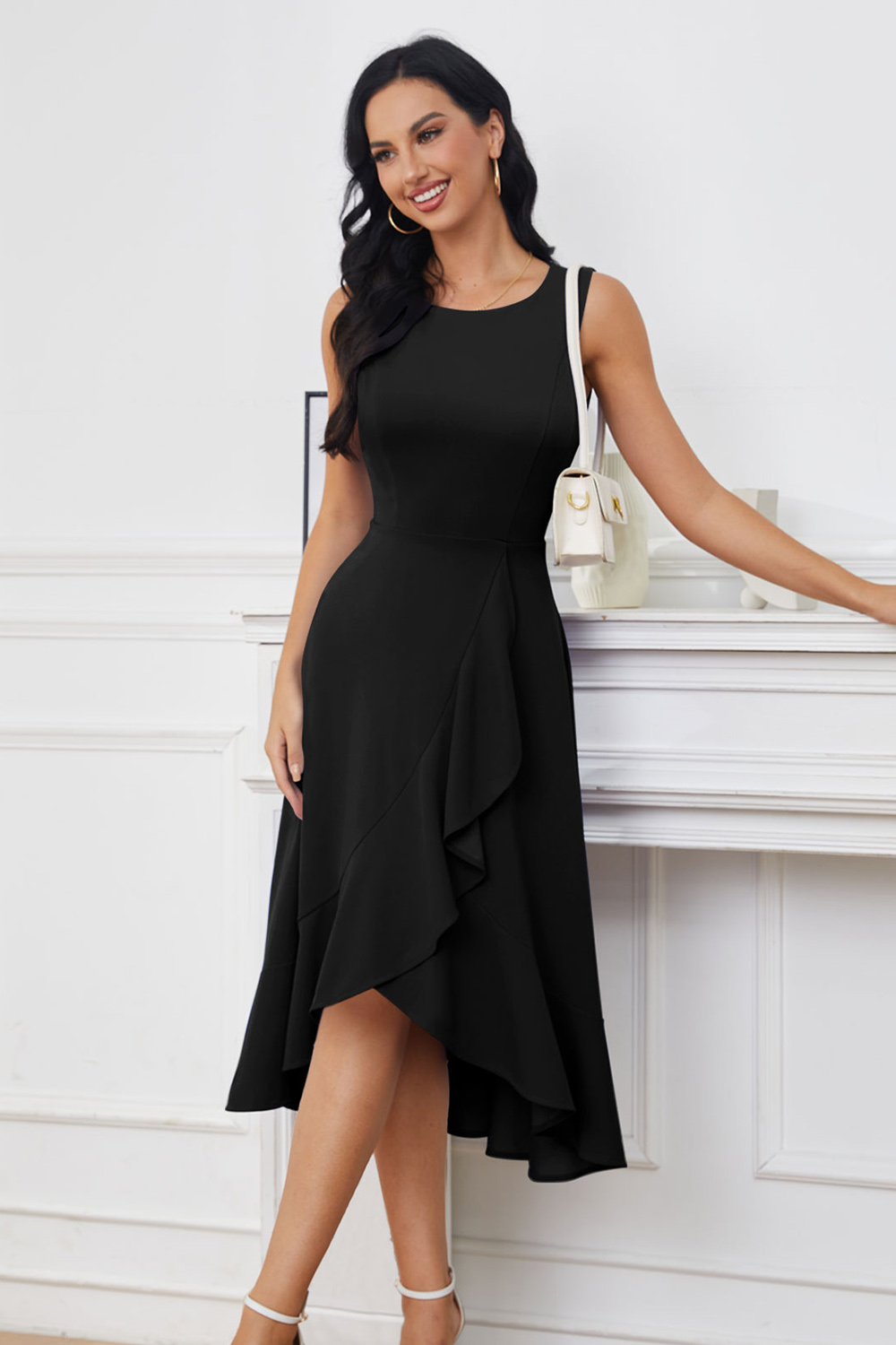 Black Cocktail Party Dress Formal Church Dress for Wedding Guest Fit Flare Modest Prom Midi Evening Dress