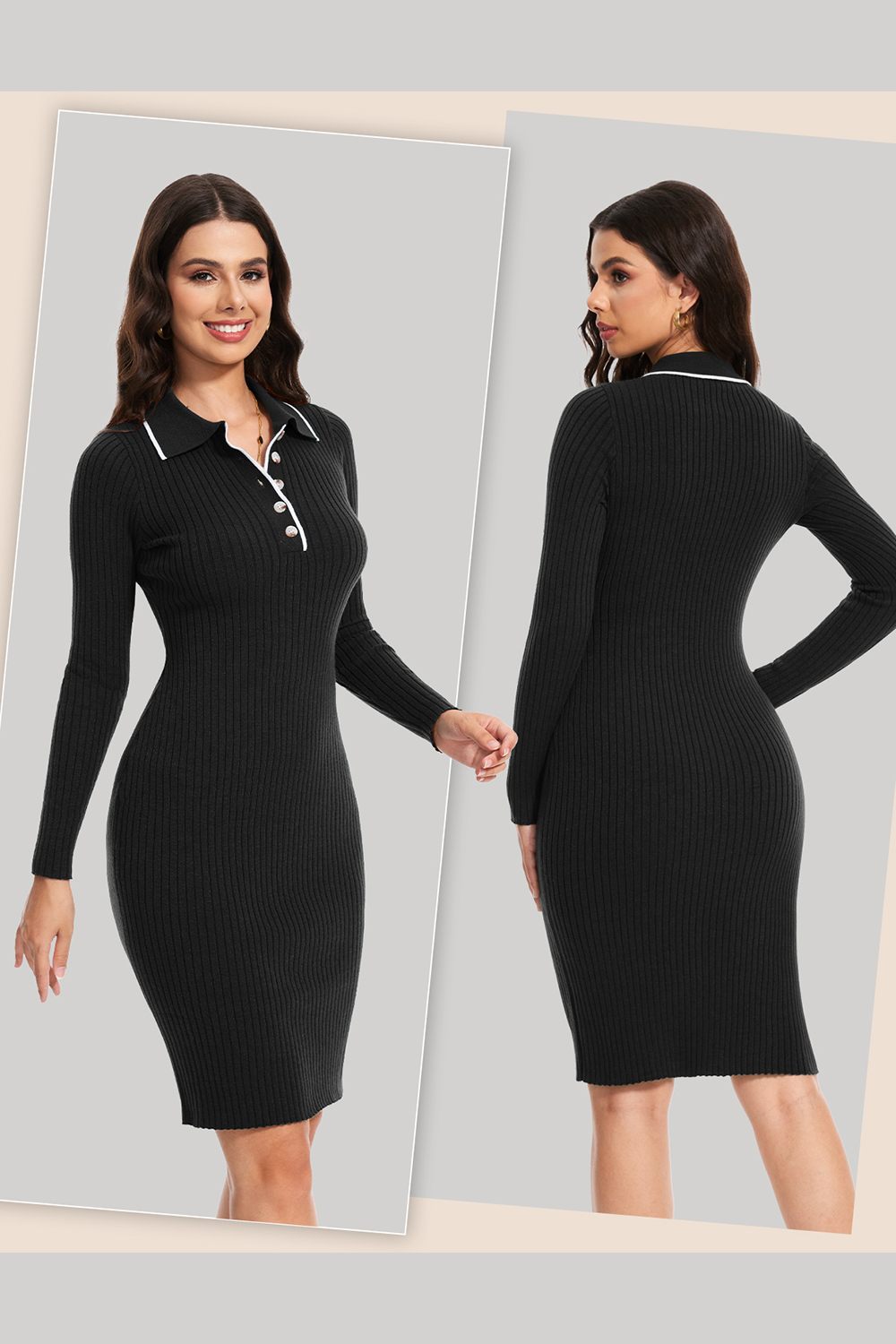 2024 Long Sleeve V Neck Button Fall Stretchy Ribbed Knit Pullover Sweater Dress