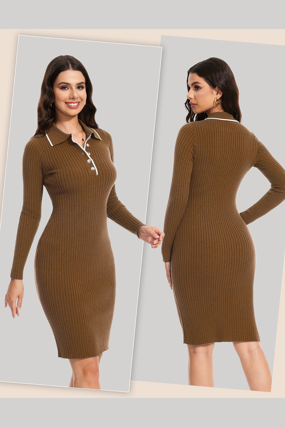 2024 Long Sleeve V Neck Button Fall Stretchy Ribbed Knit Pullover Sweater Dress