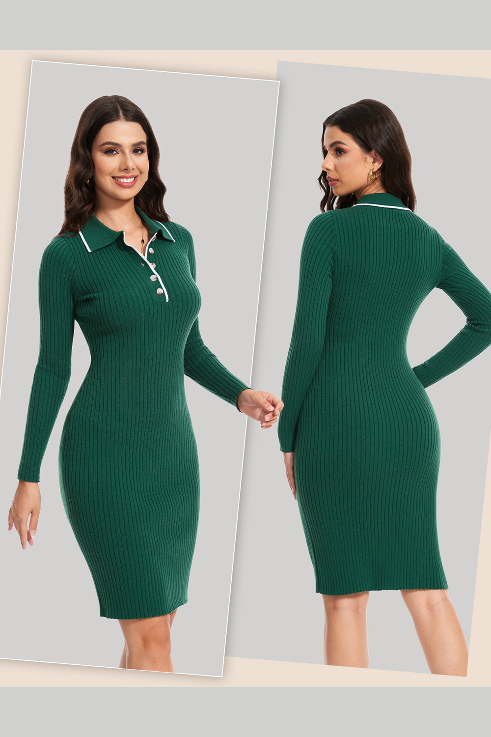 2024 Long Sleeve V Neck Button Fall Stretchy Ribbed Knit Pullover Sweater Dress