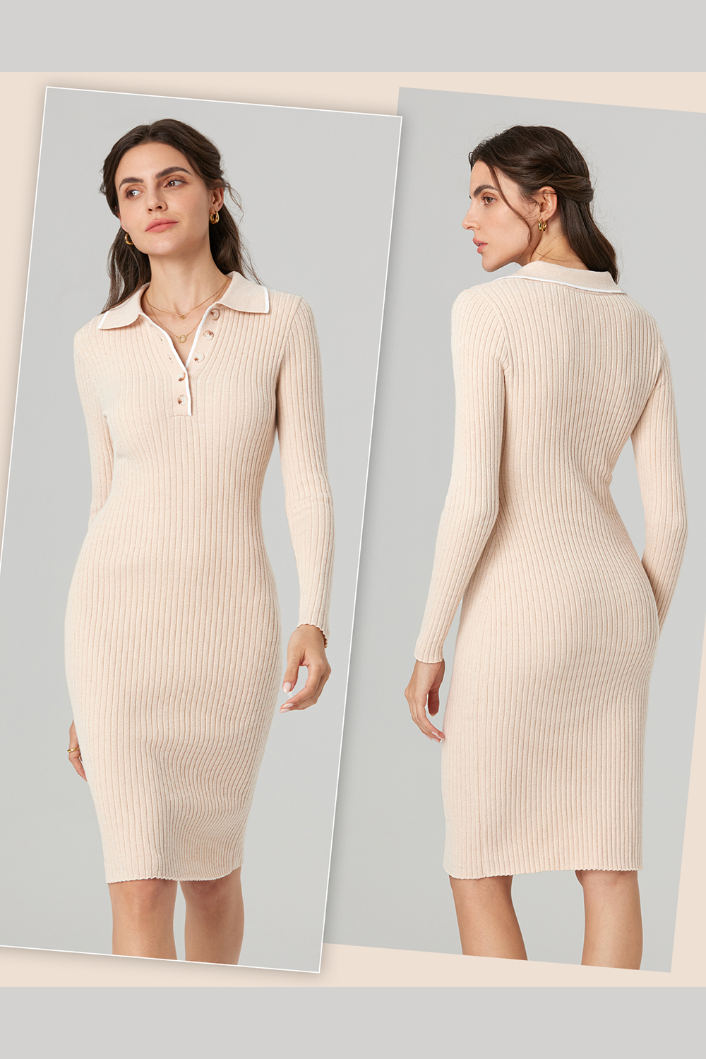 2024 Long Sleeve V Neck Button Fall Stretchy Ribbed Knit Pullover Sweater Dress