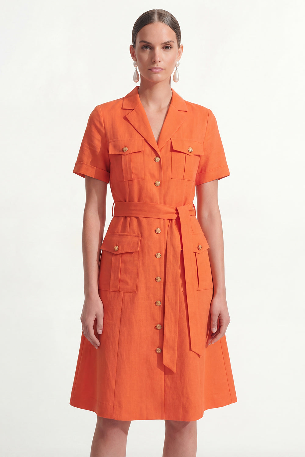 Orange Notched Lapel Single Breasted Midi Work Dress with Sleeves