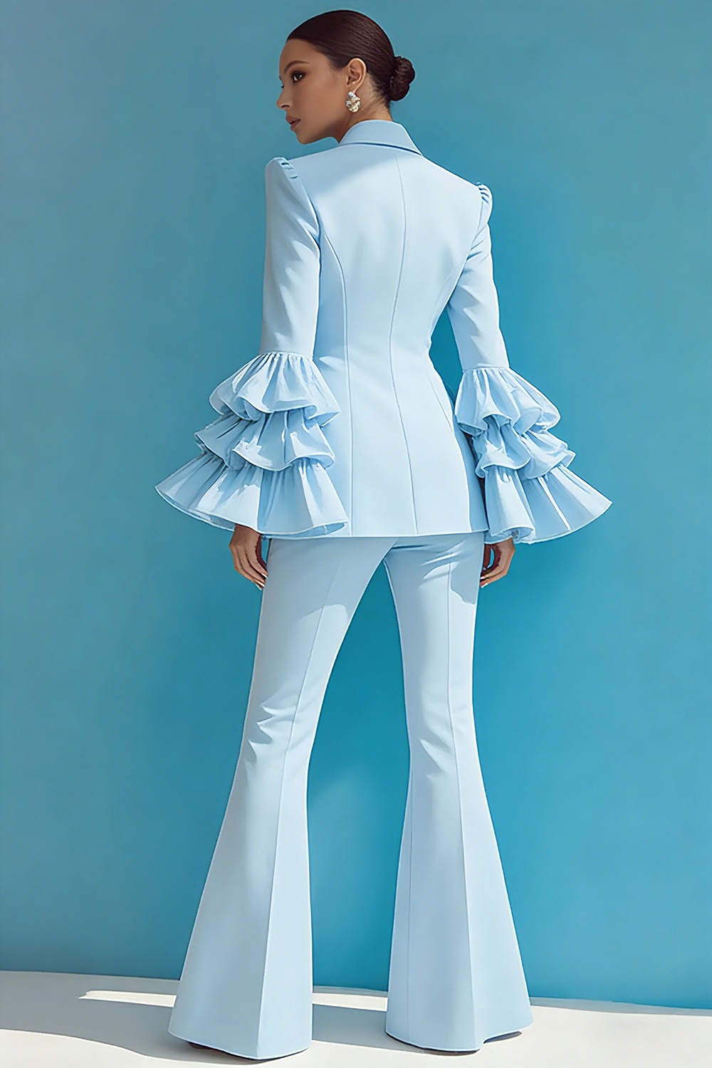 2 Piece Blue Notched Lapel One Button Ruffled Long Sleeves Business Suits