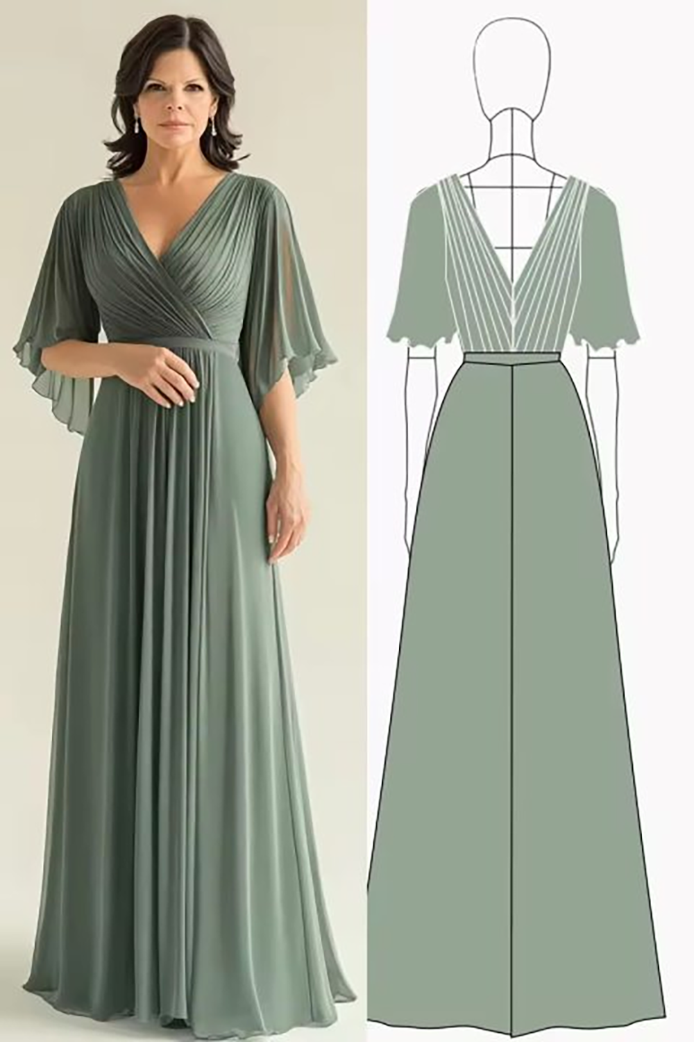 Agave A Line V-Neck Pleated Long Chiffon Mother of the Bride Dress
