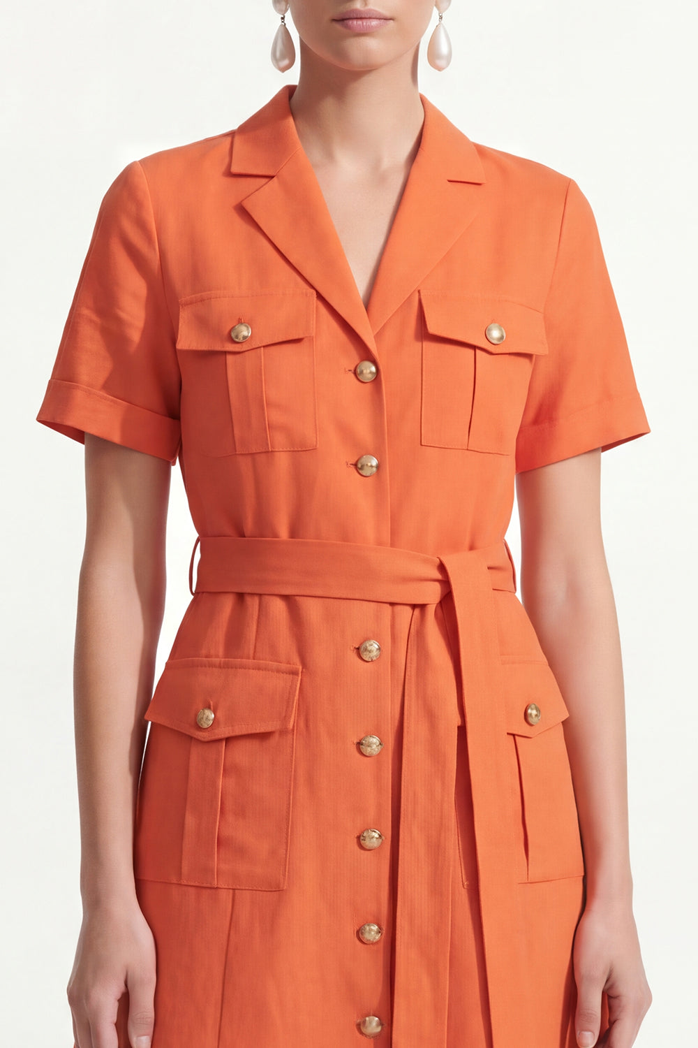 Orange Notched Lapel Single Breasted Midi Work Dress with Sleeves