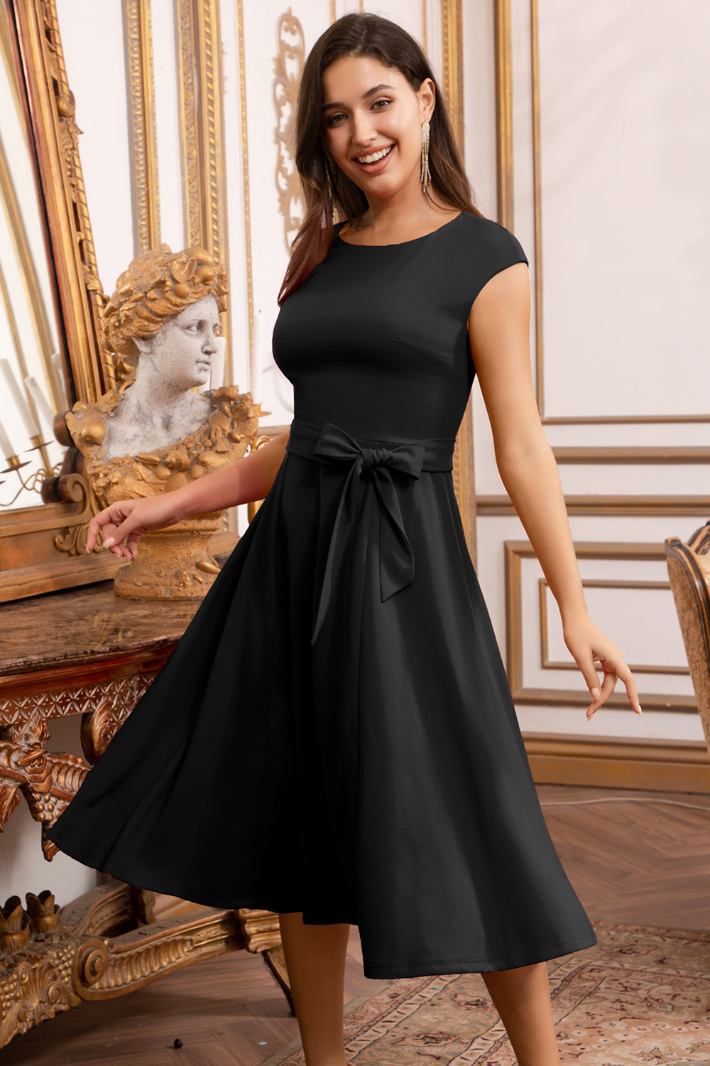 A-Line Knee-Length Black Cocktail Dress with Cap Sleeves, Vintage Style, Unique and Elegant