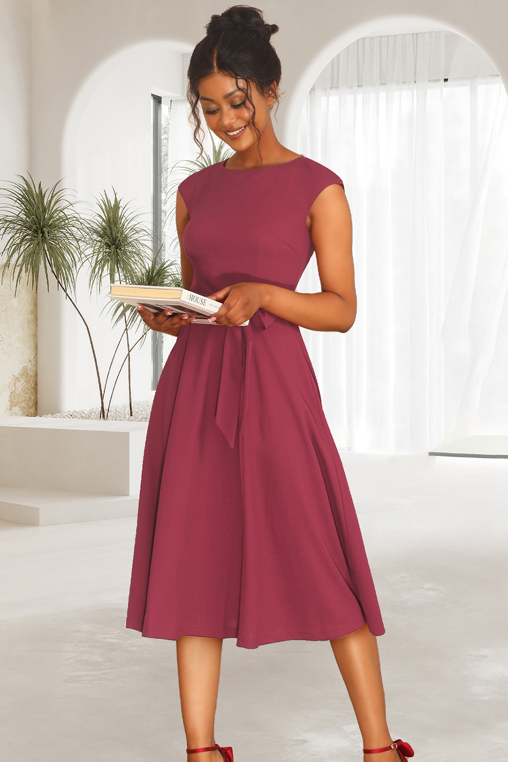 A-Line Knee-Length Raspberry Cocktail Dress with Cap Sleeves, Vintage Style, Unique and Elegant