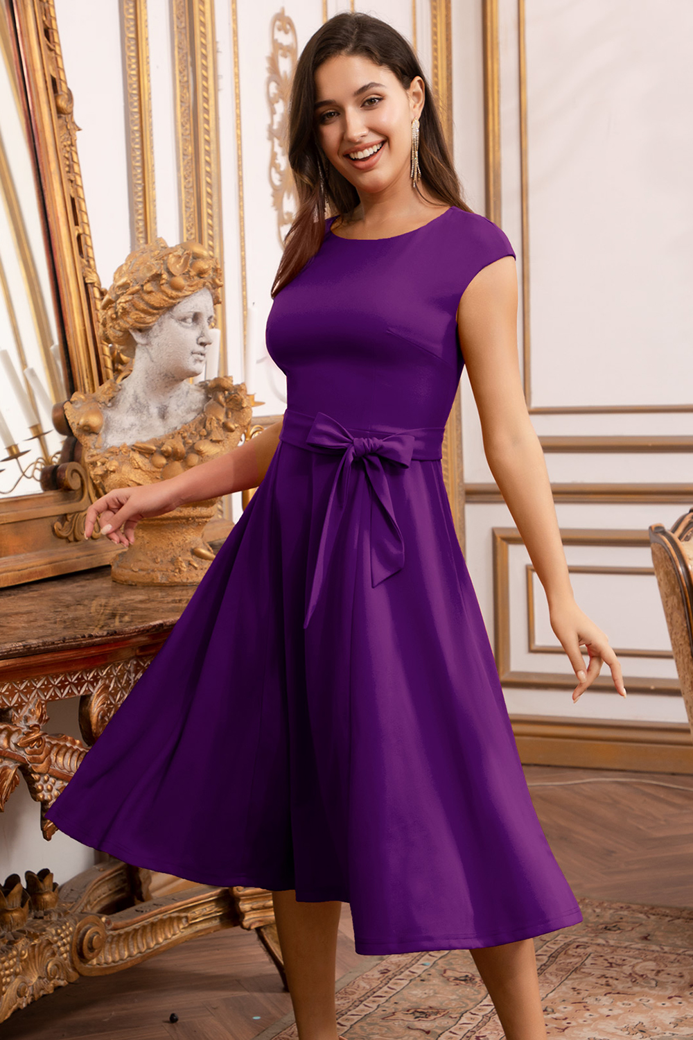 A-Line Knee-Length Grape Cocktail Dress with Cap Sleeves, Vintage Style, Unique and Elegant