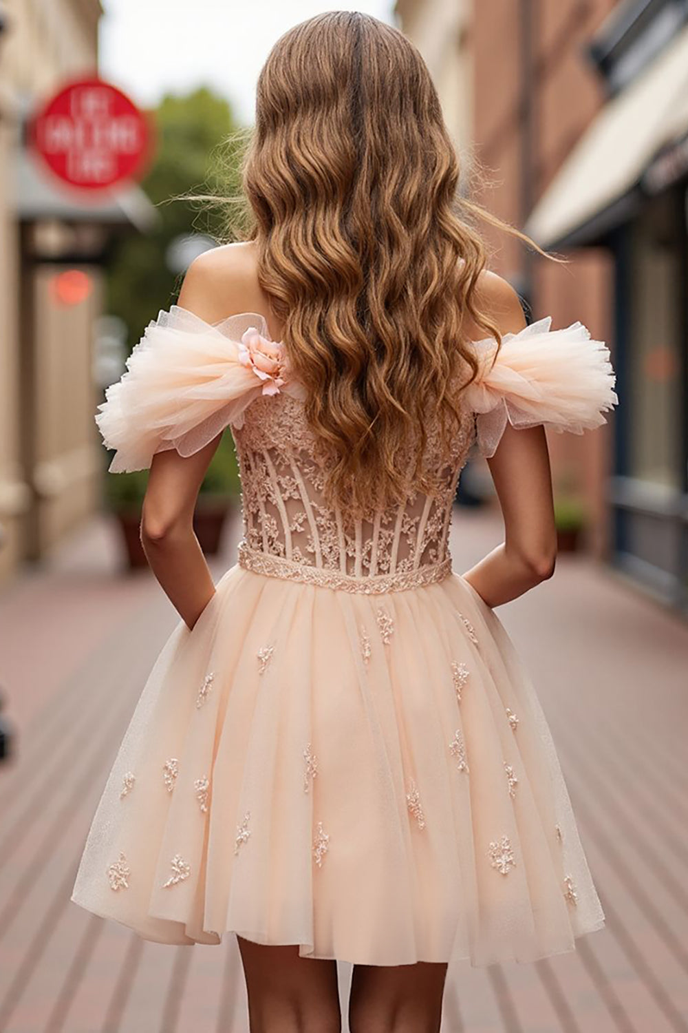 Champagne Corset Floral Ruffled Short Homecoming Dress with Lace