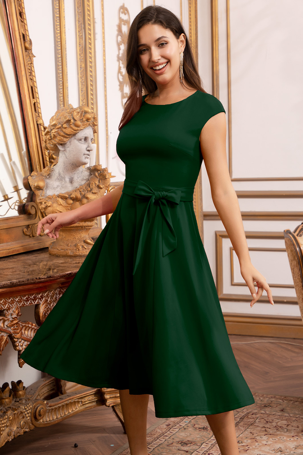 A-Line Knee-Length Darkgreen Cocktail Dress with Cap Sleeves, Vintage Style, Unique and Elegant