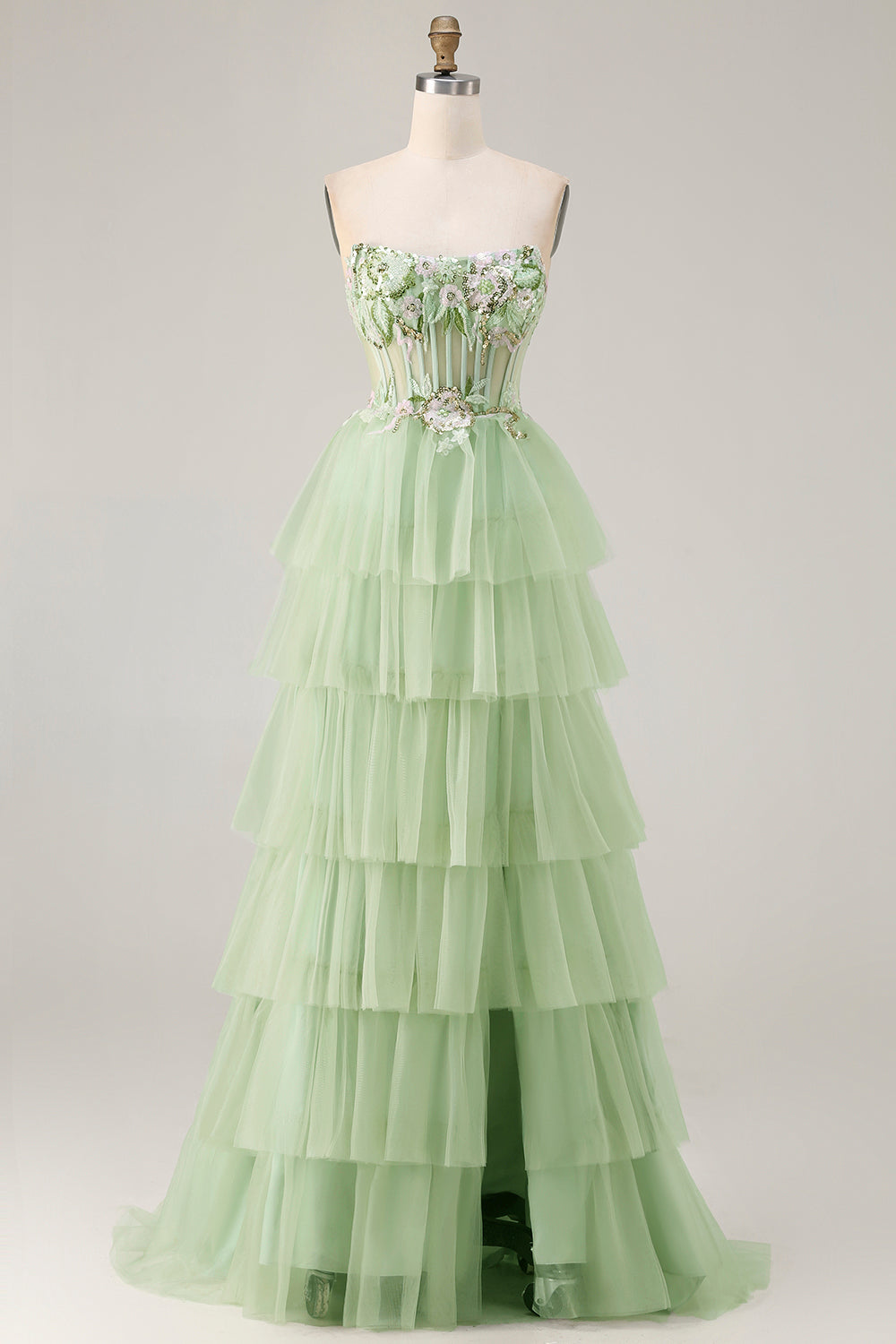 Sparkly Floral Green Beaded Corset Long Prom Dress with Ruffles