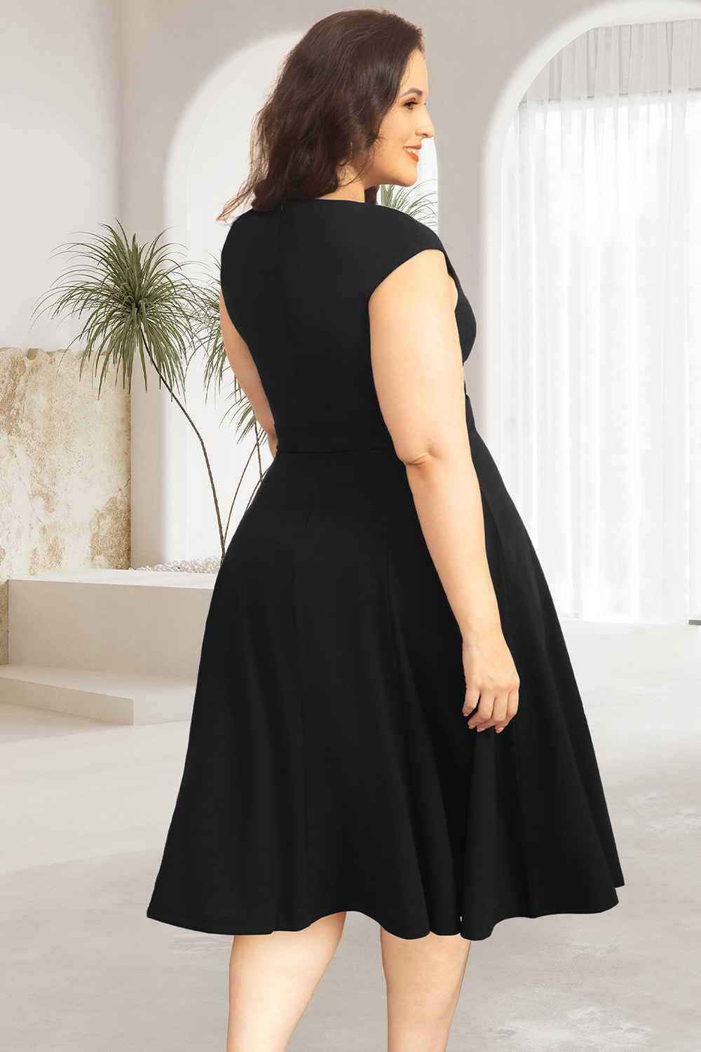 A-Line Knee-Length Black Cocktail Dress with Cap Sleeves, Vintage Style, Unique and Elegant