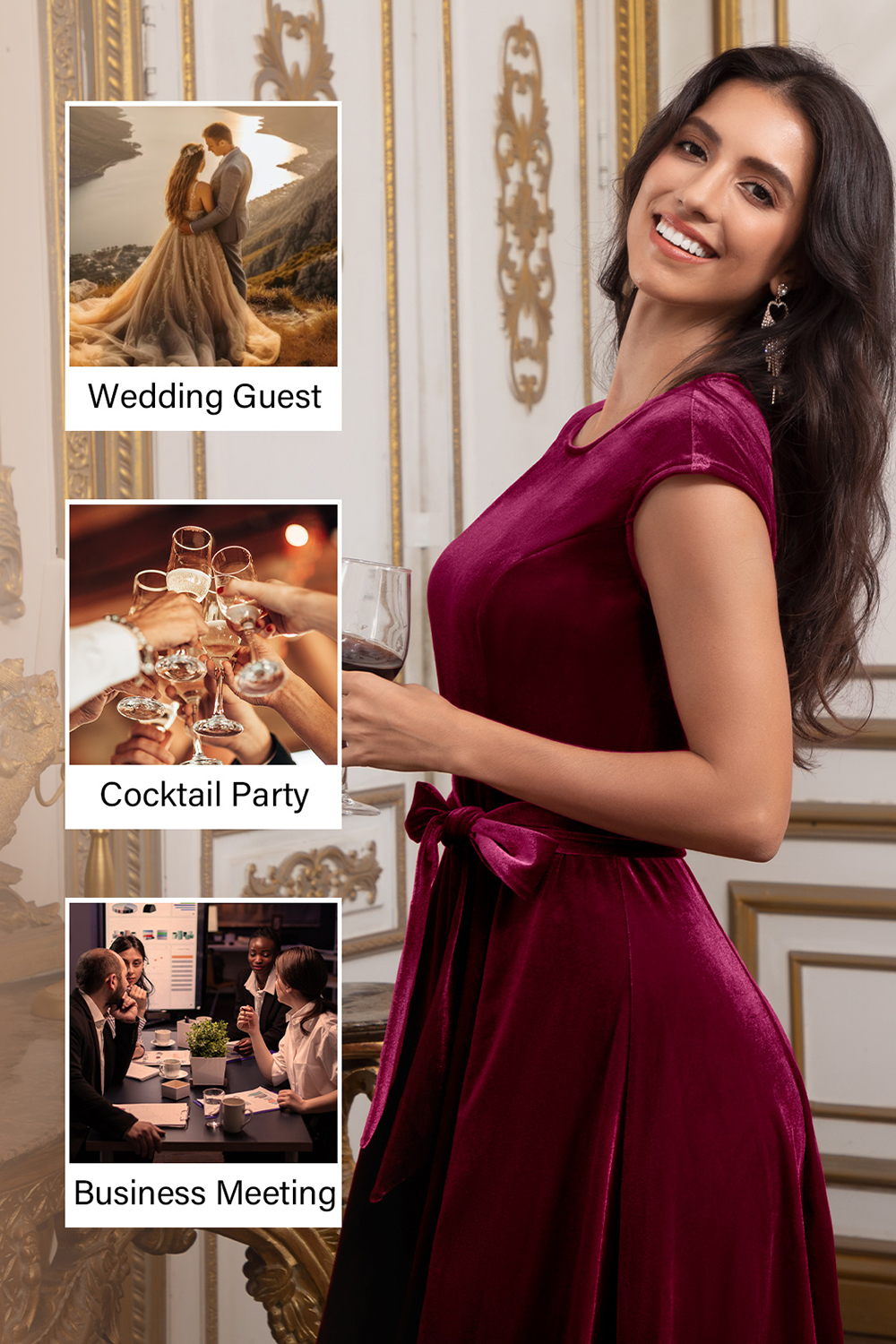 Elegant Round-Neck Short-Sleeve Bow-Tie Ruched Velvet Solid Color A-Line Midi Dress